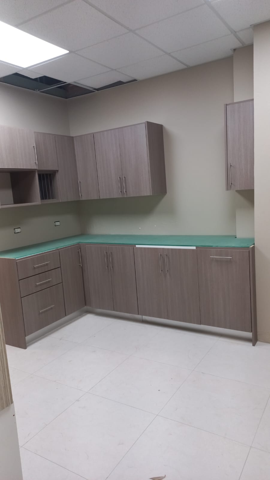 L-shaped kitchen cabinetry with upper and lower cabinets