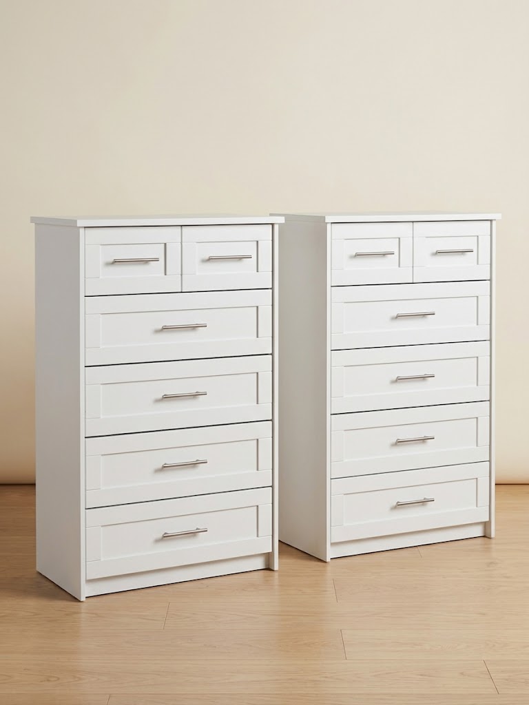 Pair of white six-drawer dressers on casters